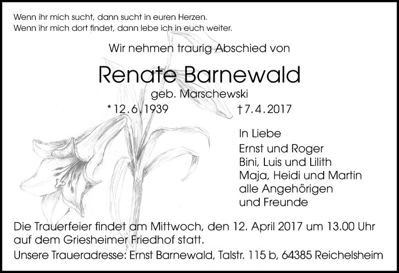 Traueranzeige für Renate Barnewald vom 12.04.2017 aus Trauerportal Echo Online