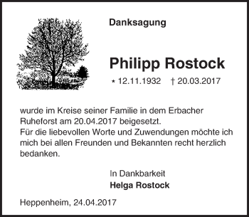 Traueranzeige von Philipp Rostock von Trauerportal Echo Online