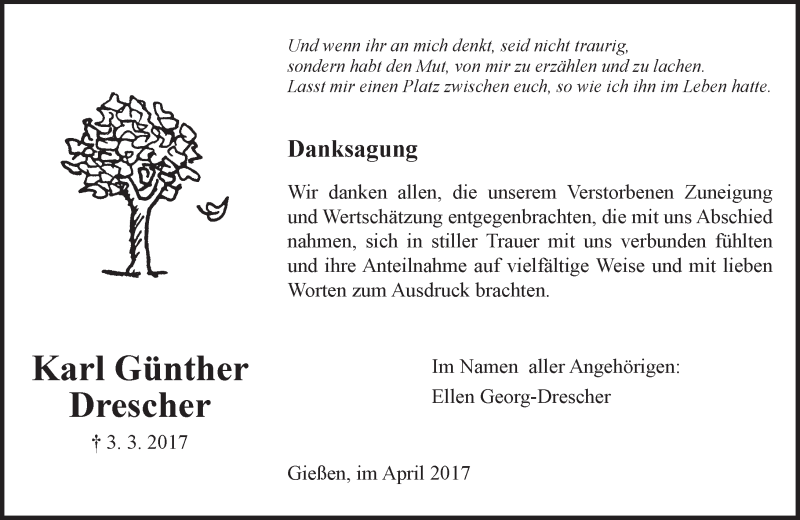  Traueranzeige für Karl Günther Drescher vom 08.04.2017 aus  Gießener Anzeiger