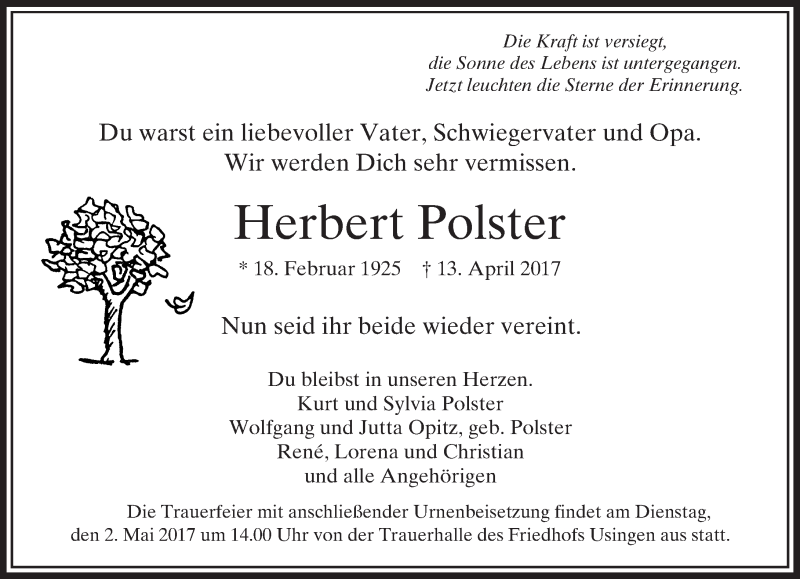  Traueranzeige für Herbert Polster vom 27.04.2017 aus  Usinger Anzeiger