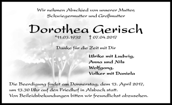 Traueranzeige von Dorothea Gerisch von Trauerportal Echo Online
