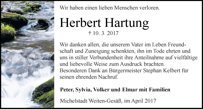  Traueranzeige für Herbert Hartung vom 15.04.2017 aus Trauerportal Echo Online