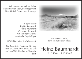 Traueranzeige von Heinz Baumhardt von Trauerportal Rhein Main Presse