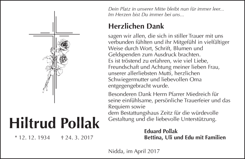  Traueranzeige für Hiltrud Pollak vom 29.04.2017 aus  Kreisanzeiger