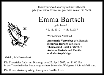 Traueranzeige von Emma Bartsch von VRM Trauer