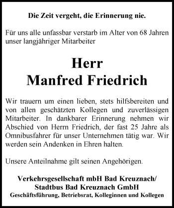 Traueranzeige von Manfred Friedrich von Trauerportal Rhein Main Presse