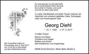 Traueranzeige von Georg Diehl von Trauerportal Echo Online