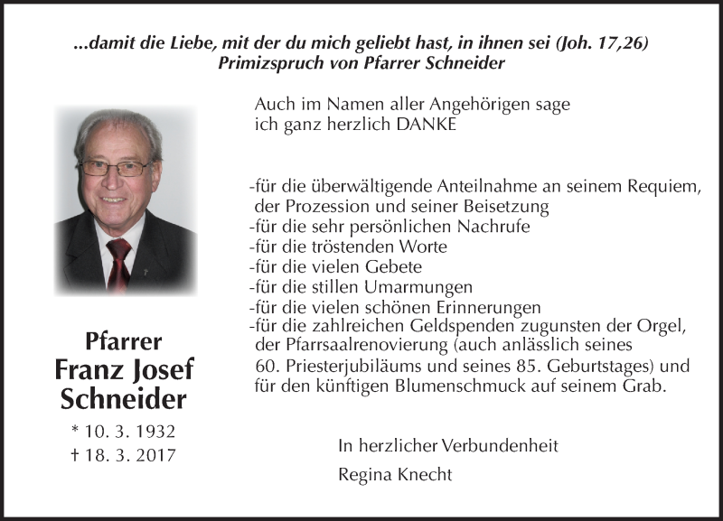  Traueranzeige für Franz Josef Schneider vom 22.04.2017 aus  Gießener Anzeiger