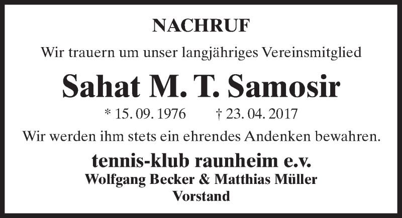  Traueranzeige für Sahat M. T. Samosir vom 29.04.2017 aus Trauerportal Rhein Main Presse