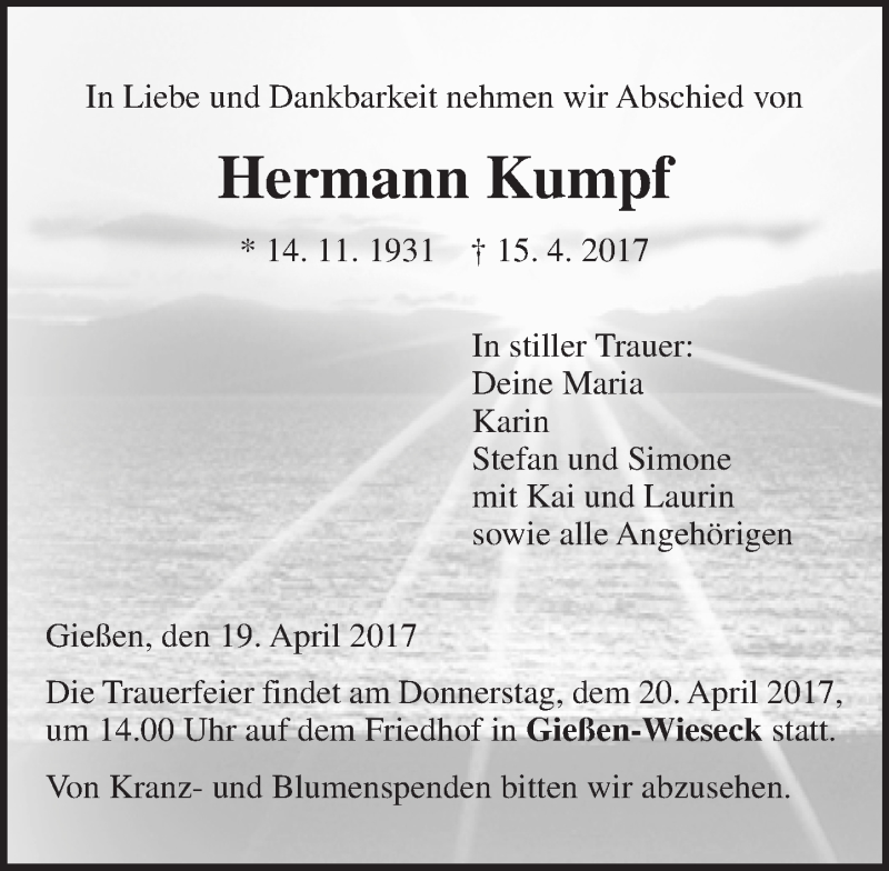  Traueranzeige für Hermann Kumpf vom 19.04.2017 aus  Gießener Anzeiger