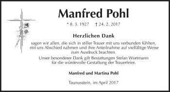 Traueranzeige von Manfred Pohl von Trauerportal Rhein Main Presse