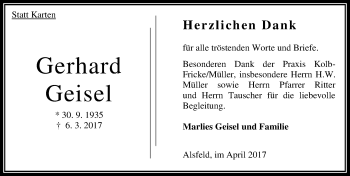 Traueranzeige von Gerhard Geisel von VRM Trauer