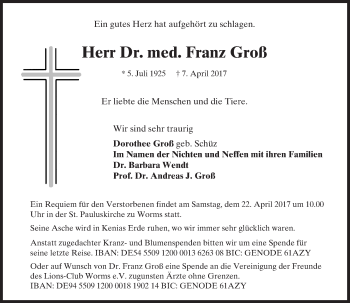 Traueranzeige von Franz Groß von Trauerportal Rhein Main Presse