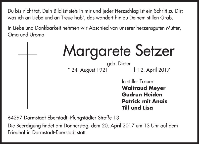  Traueranzeige für Margarete Setzer vom 15.04.2017 aus Trauerportal Echo Online
