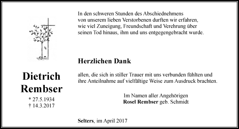  Traueranzeige für Dietrich Rembser vom 08.04.2017 aus Trauerportal Rhein Main Presse