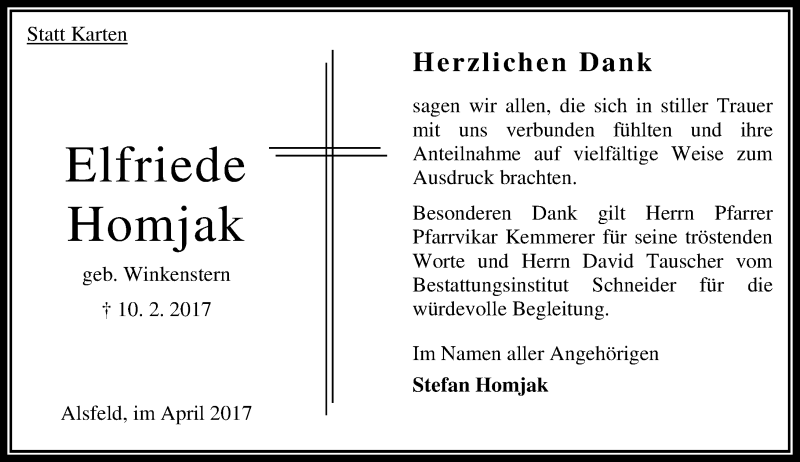  Traueranzeige für Elfriede Homjak vom 01.04.2017 aus VRM Trauer