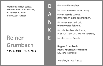 Traueranzeige von Reiner Grumbach von  Gießener Anzeiger