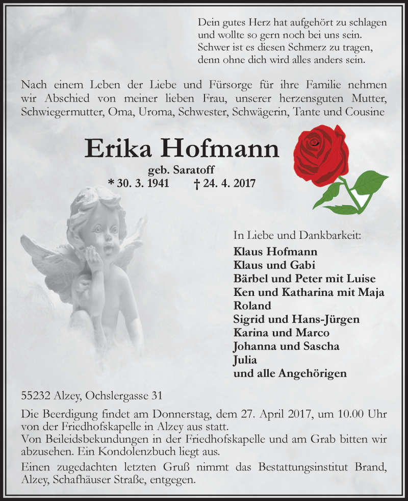  Traueranzeige für Erika Hofmann vom 26.04.2017 aus Trauerportal Rhein Main Presse