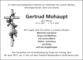 Traueranzeige von Gertrud Mohaupt von Trauerportal Echo Online