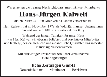 Traueranzeige von Hans-Jürgen Kalweit von Trauerportal Echo Online