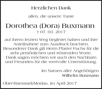 Traueranzeige von Dorothea Buxmann von Trauerportal Echo Online