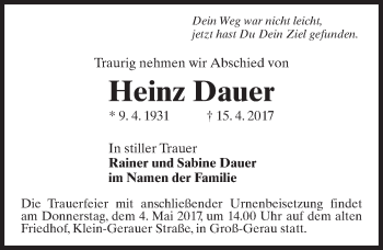 Traueranzeige von Heinz Dauer von Trauerportal Echo Online