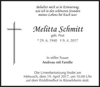 Traueranzeige von Melitta Schmitt von Trauerportal Rhein Main Presse