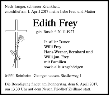 Traueranzeige von Edith Frey von Trauerportal Echo Online