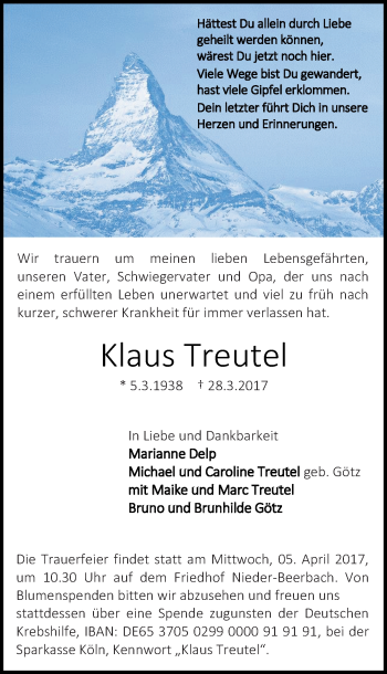 Traueranzeige von Klaus Treutel von Trauerportal Echo Online