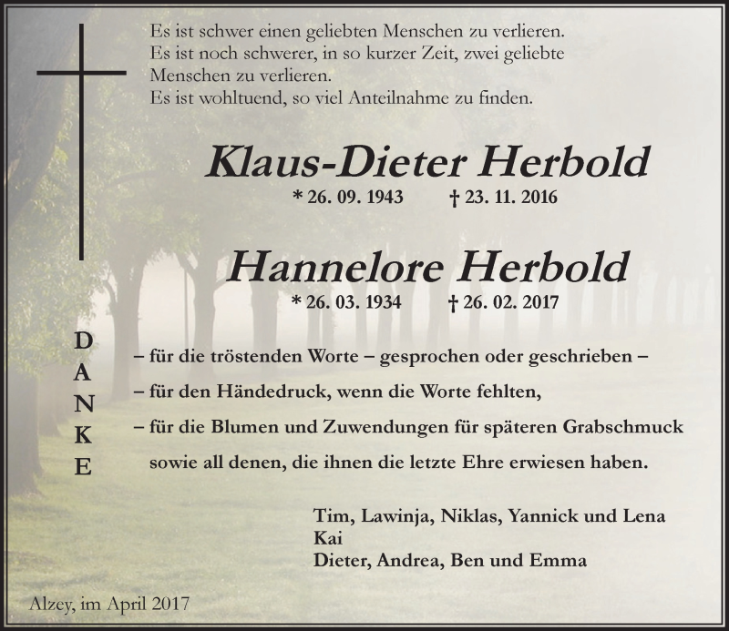  Traueranzeige für Hannelore Herbold vom 01.04.2017 aus Trauerportal Rhein Main Presse