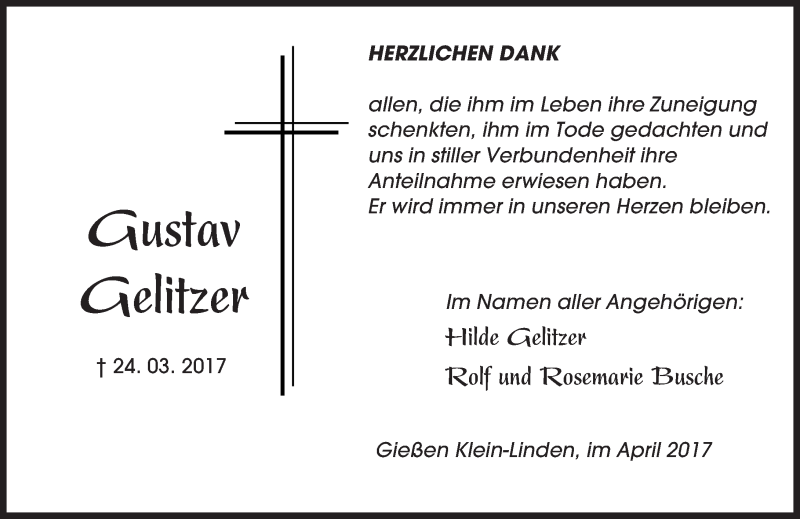  Traueranzeige für Gustav Gelitzer vom 22.04.2017 aus  Gießener Anzeiger