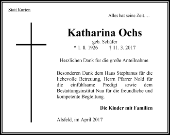 Traueranzeige von Katharina Ochs von VRM Trauer