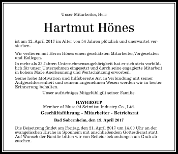 Traueranzeige von Hartmut Hönes von Trauerportal Rhein Main Presse