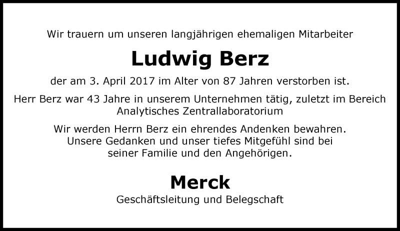  Traueranzeige für Ludwig Berz vom 10.04.2017 aus Trauerportal Echo Online