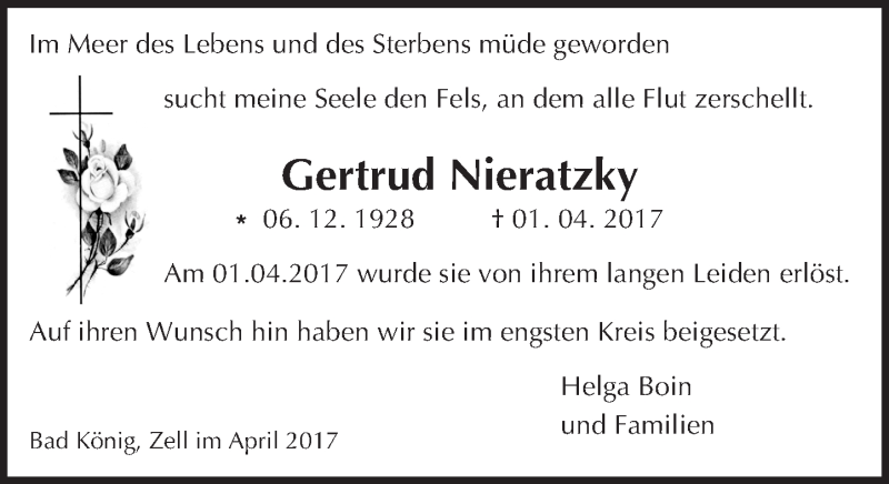  Traueranzeige für Gertrud Nieratzky vom 26.04.2017 aus Trauerportal Echo Online