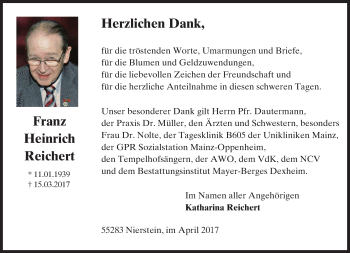 Traueranzeige von Franz Heinrich Reichert von Trauerportal Rhein Main Presse