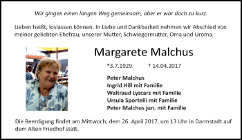 Traueranzeige von Margarete Malchus von Trauerportal Echo Online