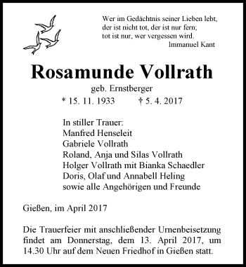 Traueranzeige von Rosamunde Vollrath von  Gießener Anzeiger