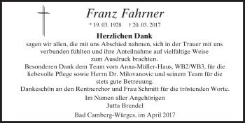 Traueranzeige von Franz Fahrner von  Camberger Anzeiger