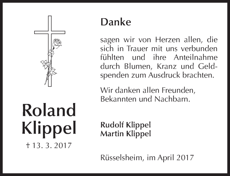  Traueranzeige für Roland Klippel vom 01.04.2017 aus Trauerportal Rhein Main Presse