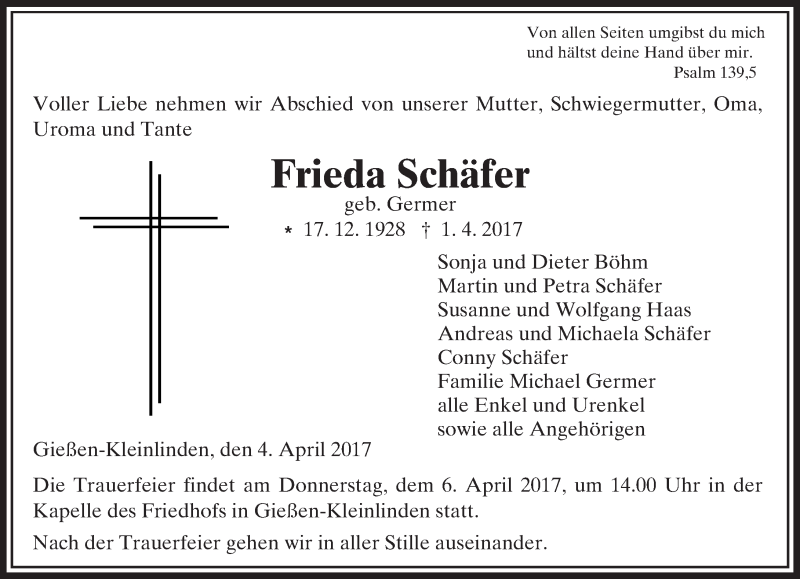  Traueranzeige für Frieda Schäfer vom 04.04.2017 aus  Gießener Anzeiger