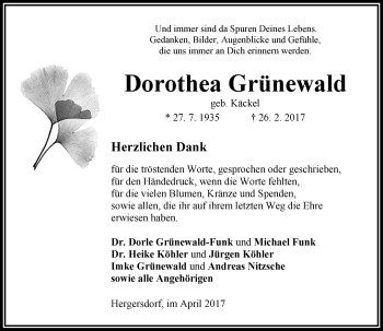 Traueranzeige von Dorothea Grünewald von VRM Trauer