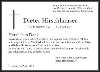 Traueranzeige von Dieter Hirschhäuser von  Usinger Anzeiger