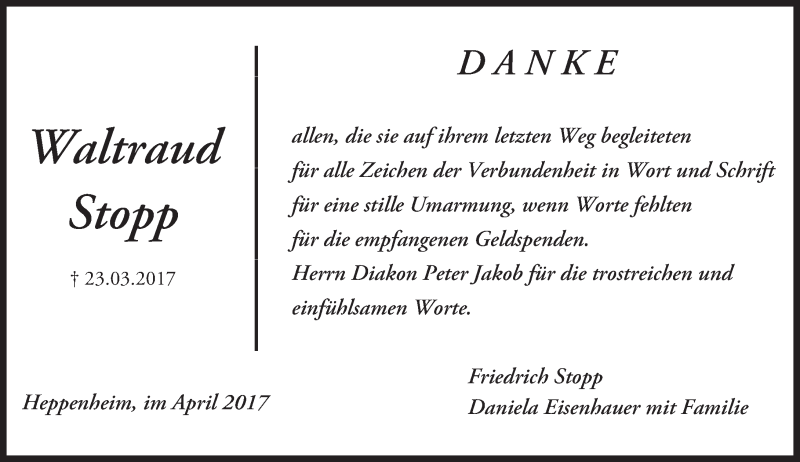  Traueranzeige für Waltraud Stopp vom 08.04.2017 aus Trauerportal Echo Online