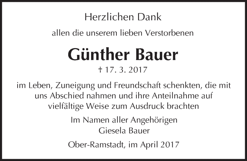  Traueranzeige für Günther Bauer vom 29.04.2017 aus Trauerportal Echo Online