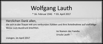 Traueranzeige von Wolfgang Lauth von  Usinger Anzeiger