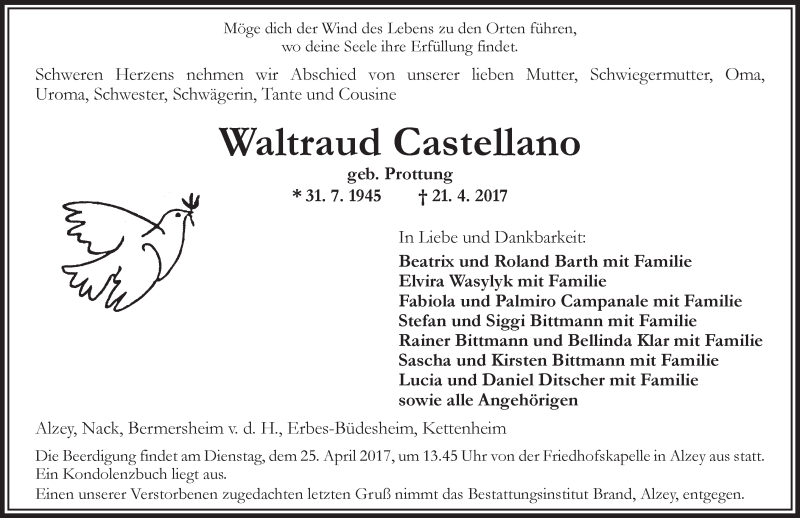  Traueranzeige für Waltraud Castellano vom 22.04.2017 aus Trauerportal Rhein Main Presse