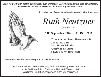 Traueranzeige von Ruth Neutzner von  Kreisanzeiger