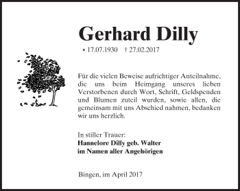 Traueranzeige von Gerhard Dilly von Trauerportal Rhein Main Presse