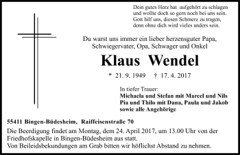 Traueranzeige von Klaus Wendel von Trauerportal Rhein Main Presse